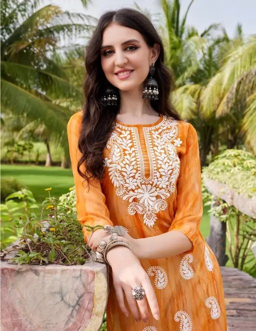 Women's Yellow Georgette Embroidered Kurta